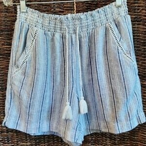 Boho Linen Embroidered Striped Pull On Elastic Shorts Tassels Summer Beach Med